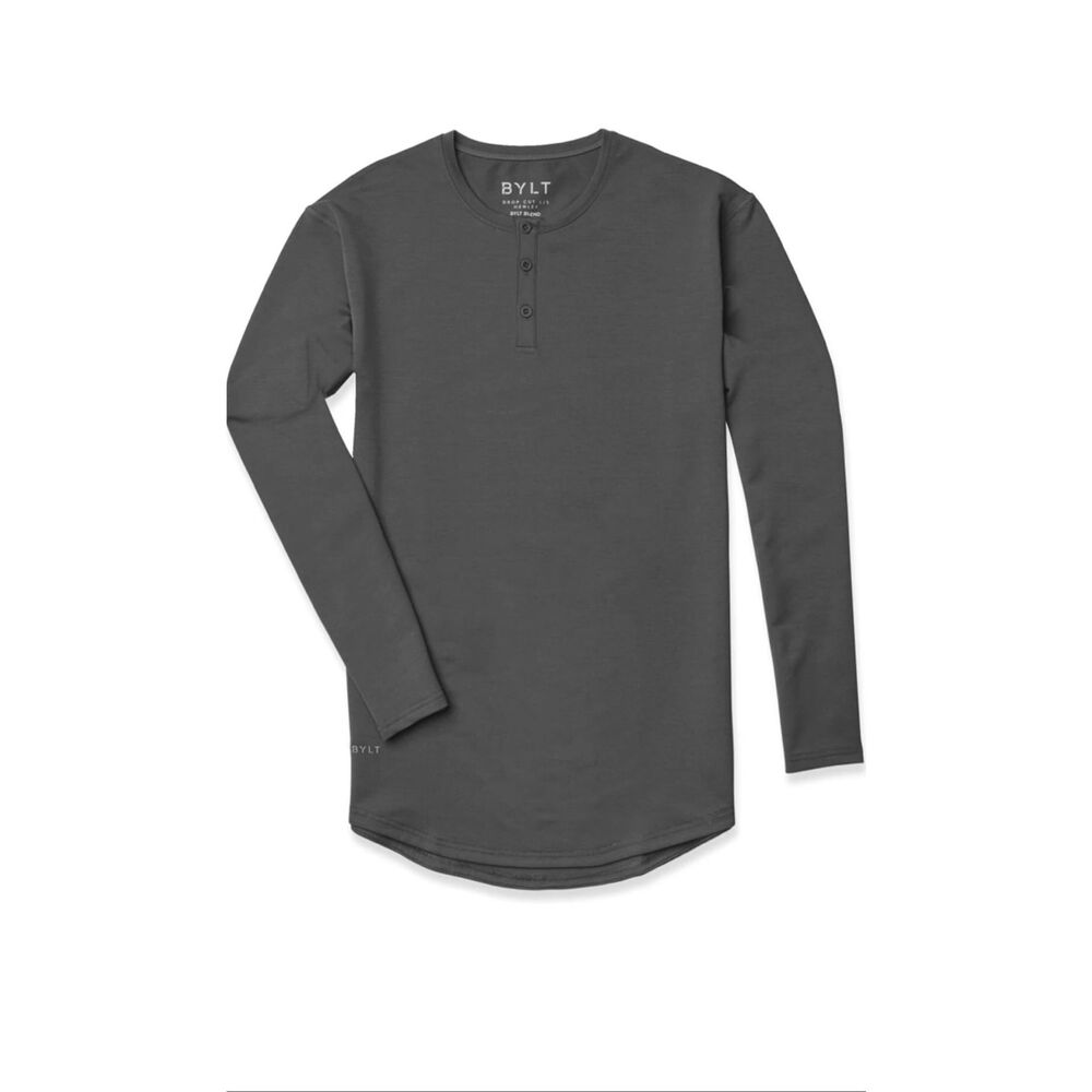BYLT Shirt Men's Drop Cut Henley NEW Lux Long Sleeve Stretch Dark Charcoal Gray